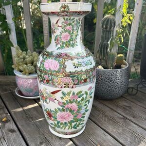 Large Antique Famille Rose Porcelain Vase Chinese Floral Figural Birds 18.5 Inch